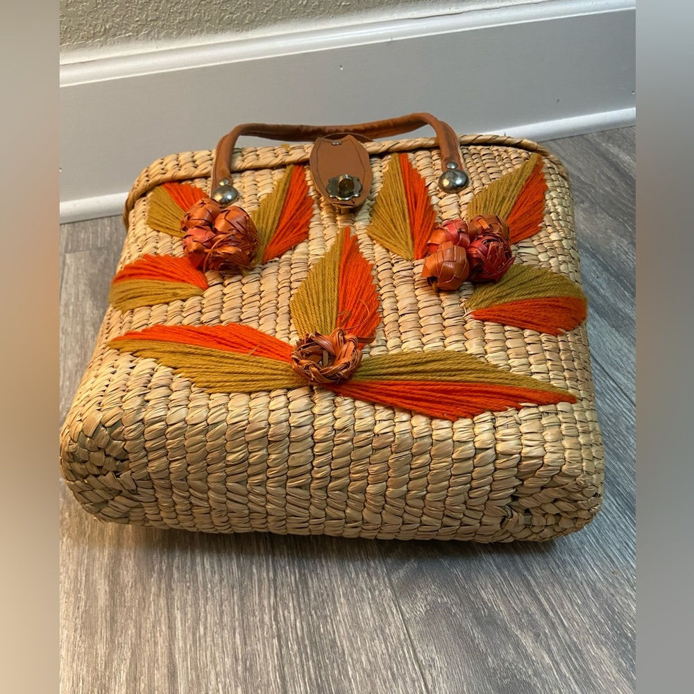 Vintage Woven Wicker Rattan Straw Satchel Handbag Tot… Gem